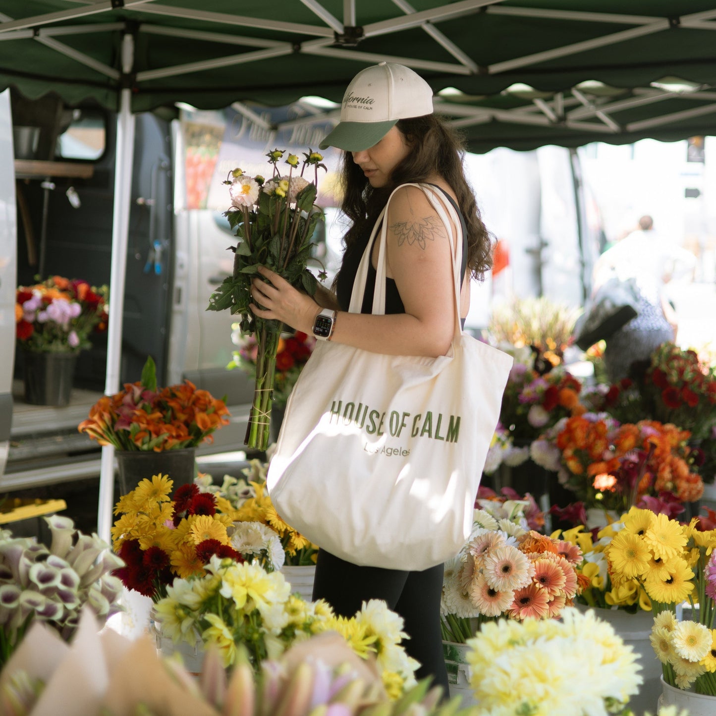 Mindful morning at the farmers market with House of Calm tote